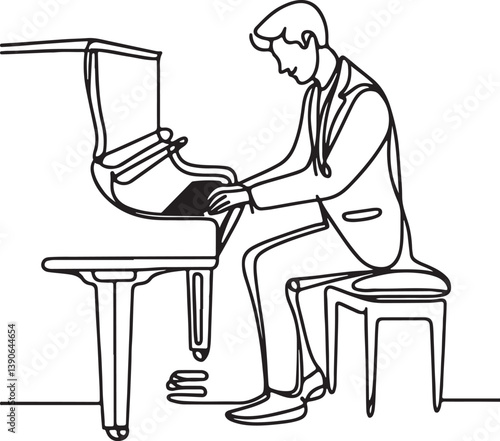 Line Art of Young Male Pianist Playing Classic Grand Piano