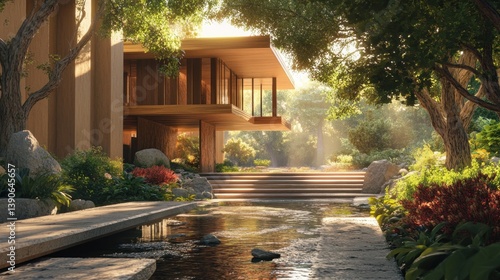 Modern minimalist home nestled within lush gardens. Tranquil, sunlit patio area, featuring a flowing water feature and a pathway leading to the house
