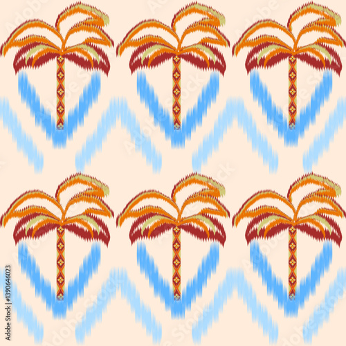 Tropical Ikat Seamless Pattern with Palm Trees and Sea – Ethnic Summer Fabric Design