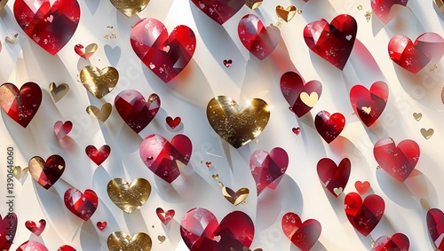 Elegant red and gold heart shapes float against a white backdrop in a captivating display.