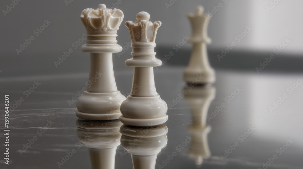 Elegant white chess queen piece elegantly displayed with mirror reflection and pawn element on polished board Elegant white chess queen piece elegantly displayed with mirror reflection and pawn element on polished board