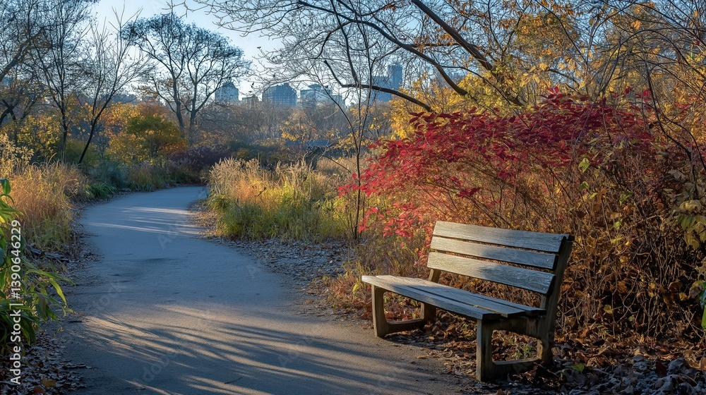 Obraz premium Autumn park scene with wooden bench and city skyline in the distance