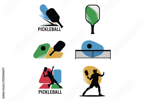 Pickleball silhouette icons - Set of six action poses and equipment for pickleball and sports branding
