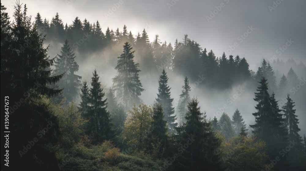 Misty soft morning light illuminates a dense foggy forest with tranquility Misty soft morning light illuminates a dense foggy forest with tranquility