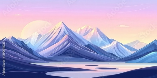 Serene mountain landscape with snow-capped peaks and vibrant sunset over fjord