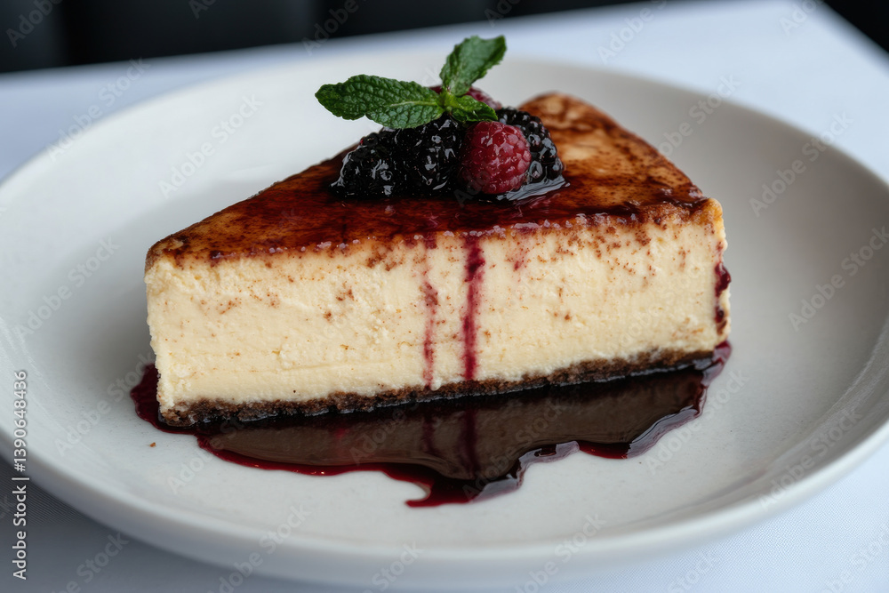 A slice of cheesecake with a raspberry sauce drizzled on top A slice of cheesecake with a raspberry sauce drizzled on top