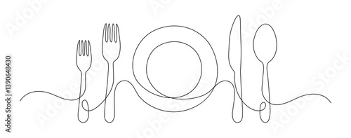 Plate with two forks, knife and spoon. Continuous line drawing. Restaurand frame border doodle.