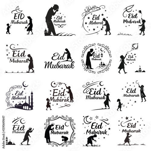 silhouette eid mubarak on white background