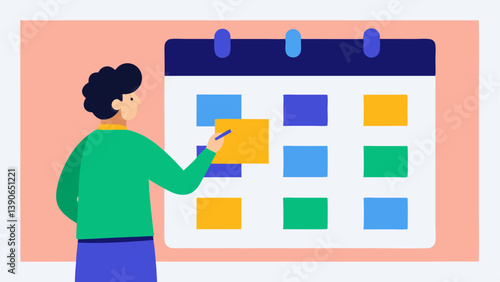 Content Calendar An illustration of a content strategist reviewing a colorful content calendar on a bulletin board with sticky notes representing different content pieces scheduled