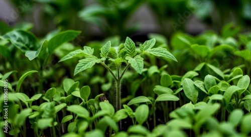 Growing tomato plant seedling thriving among other sprouts. Cultivating seedlings for garden plants. Seedling cultivation for the spring season, home gardening hobby in summer.