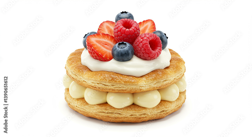 Elegant pastry with fresh fruits and cream topping, isolated on white background.
Elegant pastry with fresh fruits and cream topping, isolated on white background.