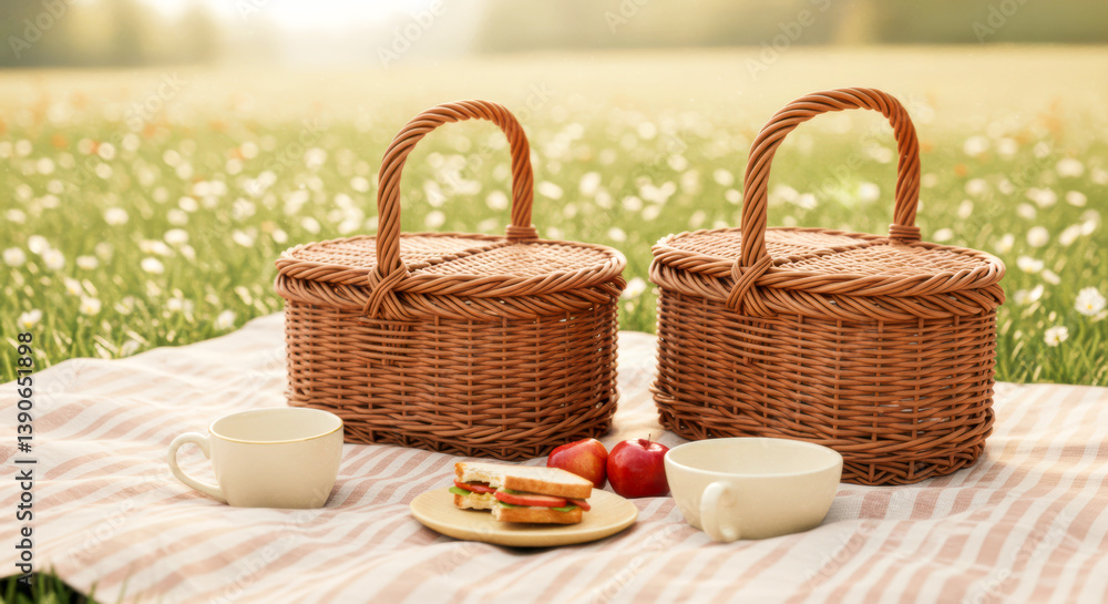 Two picnic baskets on a blanket in a blooming meadow ready for romantic outdoor recreation and relaxing breakfast in spring nature, summer travel for greeting card Blurred background Two picnic baskets on a blanket in a blooming meadow ready for romantic outdoor recreation and relaxing breakfast in spring nature, summer travel for greeting card Blurred background