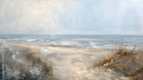 Oil painting depicting a serene beach scene with tall grass and gentle waves under a cloudy sky .