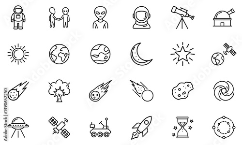 Clean outline icon set for space and astronomy topics. Fully editable stroke icons for universal use