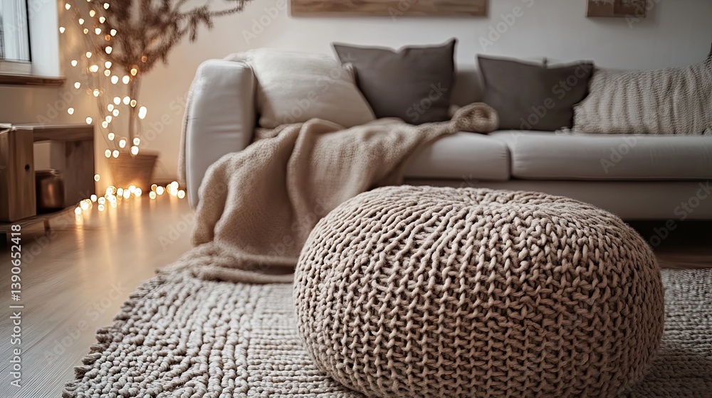 A beautiful hygge space combining Scandinavian and bohemian elements: a large woven ottoman in front of a linen sofa