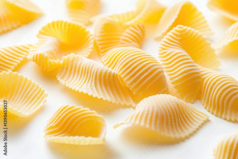 Geometric yellow pasta shells scattered on white background in high contrast Geometric yellow pasta shells scattered on white background in high contrast