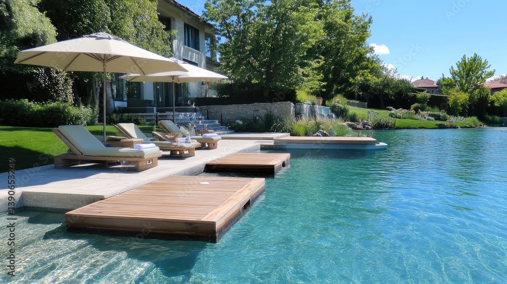 Fototapeta premium Serene Luxury Poolside Retreat with Sun Loungers and Umbrellas Surrounded by Lush Greenery and Clear Water
