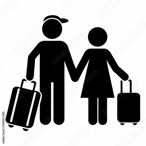 Couple Travelling Together With Suitcases Simple Black Pictogram Style Illustration