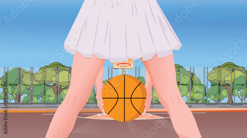 Close-up illustration of a female athlete holding a basketball between legs on outdoor court. Front low-angle view with hoop in background. Summer sports, preparation, competition, youth concept.