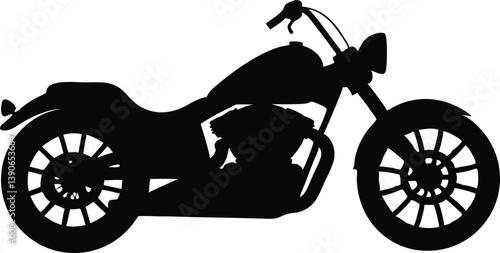 A black silhouette of a cruiser motorcycle featuring stylized wheels