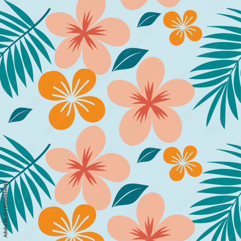 Fototapeta premium Seamless Tropical Pattern with Peach Flowers and Teal Leaves on Blue