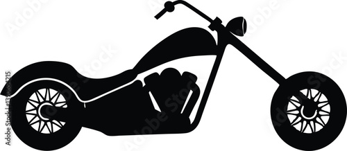 A black silhouette of a cruiser motorcycle featuring stylized wheels