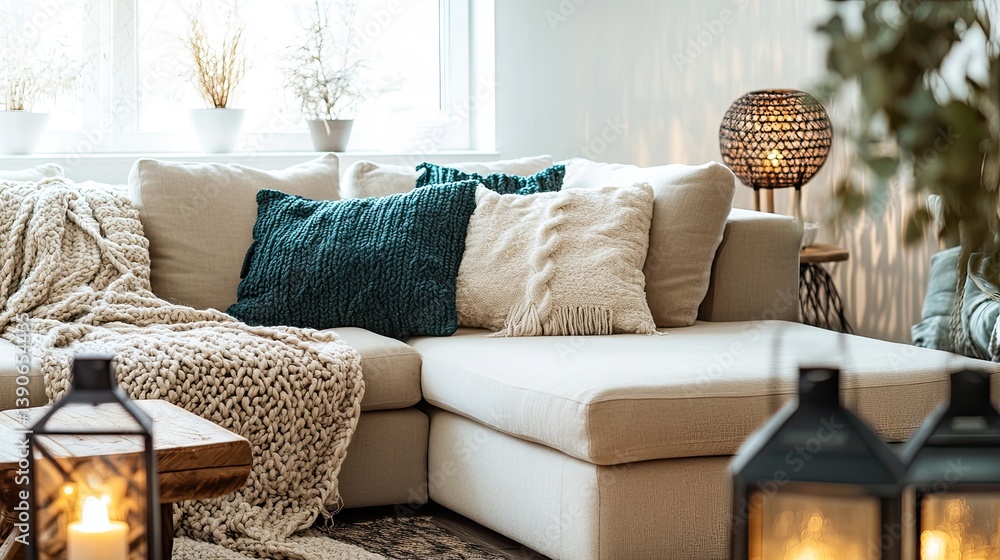 A bright hygge living room with a neutral beige sectional