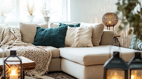 Obraz na płótnie A bright hygge living room with a neutral beige sectional w salonie
