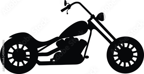 A black silhouette of a cruiser motorcycle featuring stylized wheels