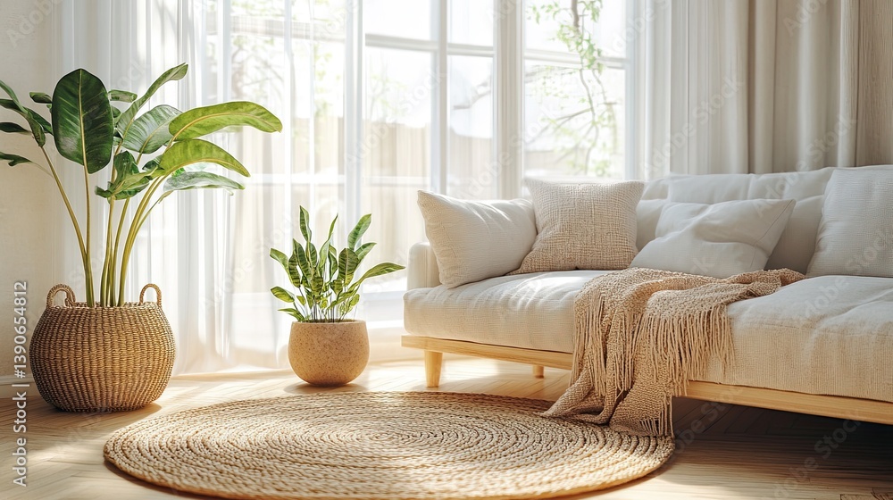 A bright hygge room with a soft light spilling through large windows