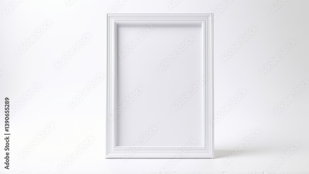 Blank white picture frame standing upright against a plain white wall background. Blank white picture frame standing upright against a plain white wall background.