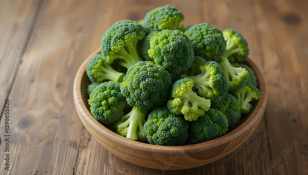 Fresh Broccoli Florets in Wooden Bowl on Rustic Table
Fresh Broccoli Florets in Wooden Bowl on Rustic Table
