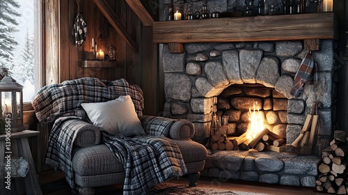 A cabin-inspired hygge spot with a vintage armchair surrounded by layered flannel throws
