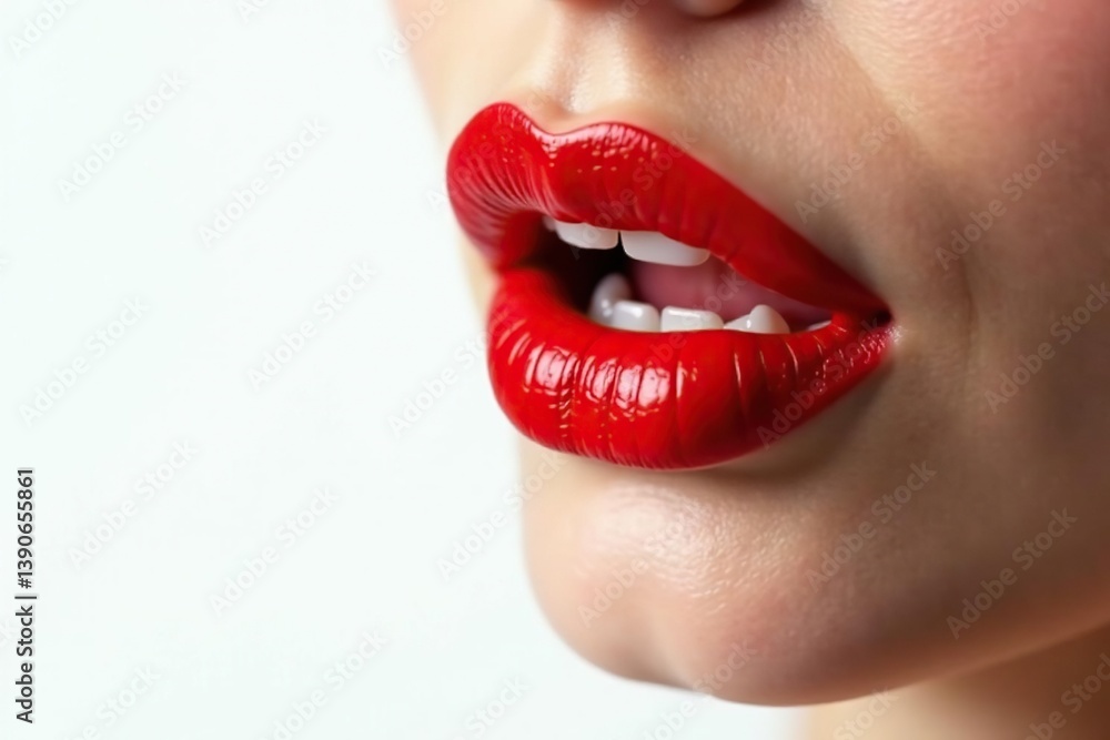 Obraz premium Close-up vibrant red lipstick, stark white backdrop, red lipstick texture, studio shot