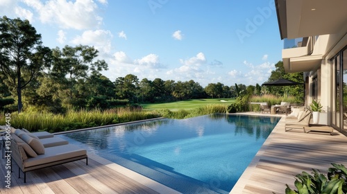 Wallpaper Mural Serene Outdoor Pool with Modern Lounge Chairs Overlooking Golf Course and Lush Greenery in Bright Daylight Torontodigital.ca