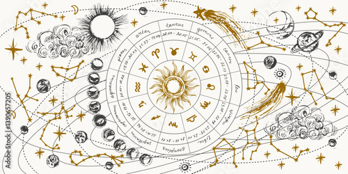 Hand drawn zodiac signs circle with constellations. Horoscope background with astrology symbols, sun, moon, commet, stars, planets.
