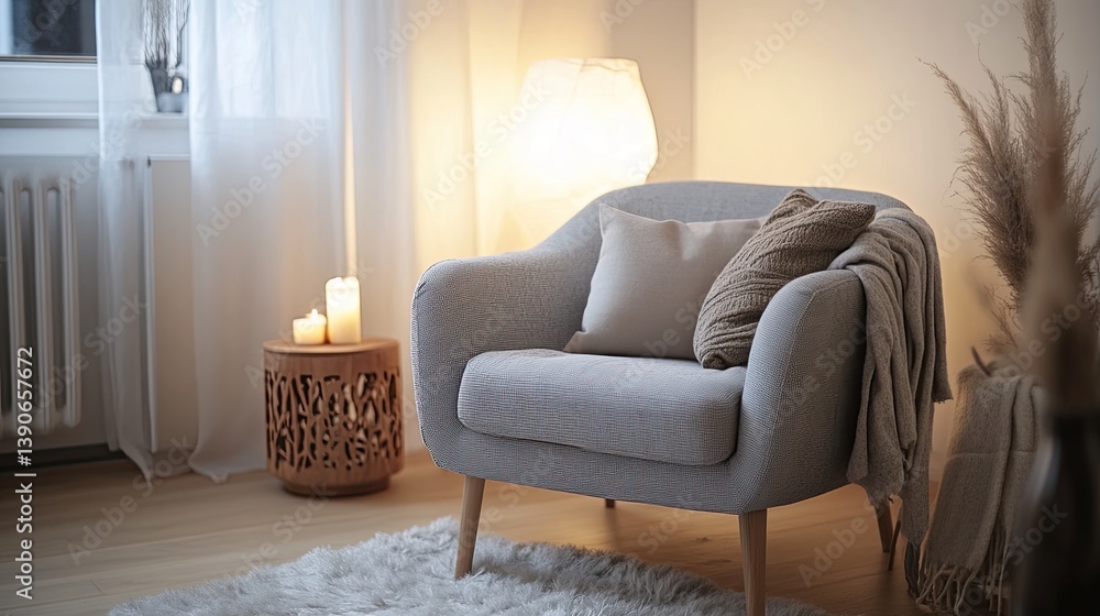 A compact and intimate Scandinavian-style hygge room with clean white walls