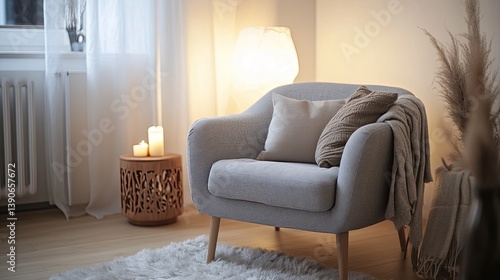 Obraz na płótnie A compact and intimate Scandinavian-style hygge room with clean white walls w salonie