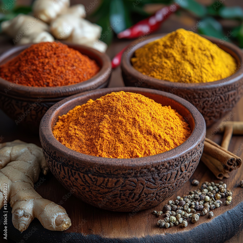 Close-up of Ayurvedic spices like turmeric, ashwagandha, and ginger in clay bowls Close-up of Ayurvedic spices like turmeric, ashwagandha, and ginger in clay bowls