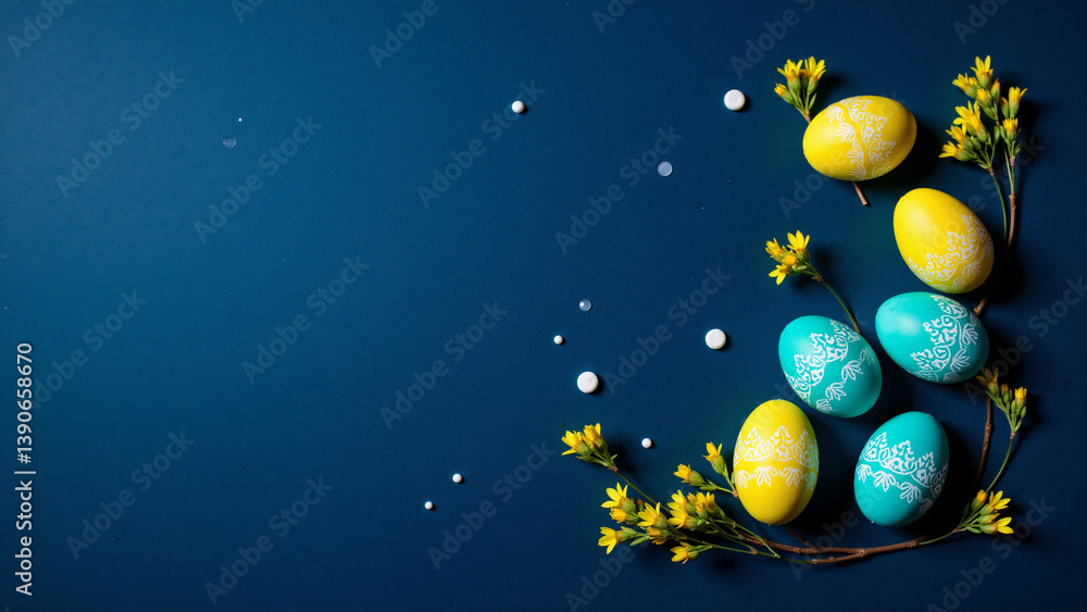 Naklejka premium Decorated Easter eggs with flowers on blue background