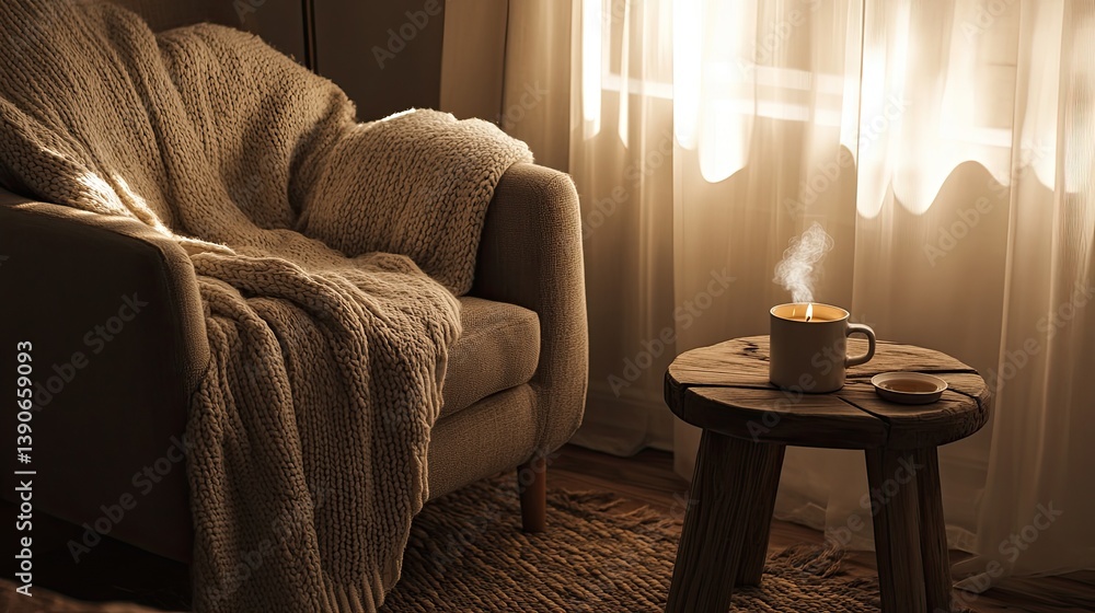 A compact hygge nook with a cozy armchair draped in neutral-toned throws
