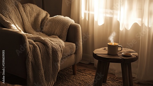 Obraz na płótnie A compact hygge nook with a cozy armchair draped in neutral-toned throws w salonie