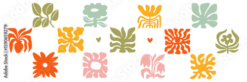 Minimal retro 70s inspired groovy floral elements set with Matisse-style leaf, summer shapes and doodles, blending modern and organic clipart. Hand drawn vector illustration,