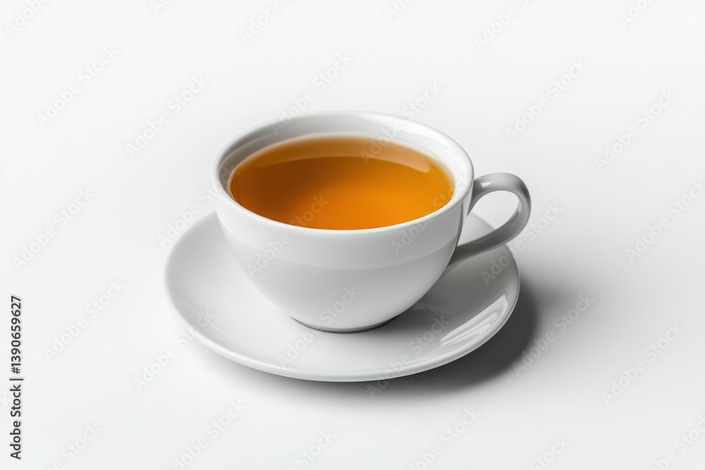 A cup of tea on a saucer with a white background in simple style A cup of tea on a saucer with a white background in simple style