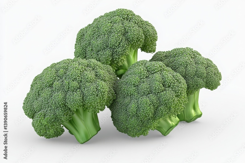 3D Close up of four fresh broccoli florets on a bright white background 3D Close up of four fresh broccoli florets on a bright white background