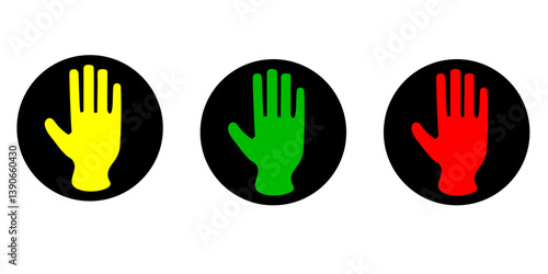 Traffic signal hands: yellow, green, red warning signs on black circles