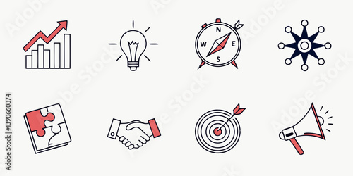 Modern Flat Design Minimalist Business Strategy Icons Vector Set Growth Idea Direction Teamwork Goals Communication Marketing Success Startup Concepts Line Art