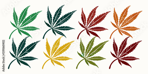Vector Botanical Art Colorful Cannabis Marijuana Hemp Leaves - Plant Art in Green Red Orange Brown Yellow Olive Green Dark Red Dark Green
