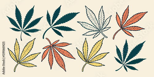 Colorful Cannabis Leaves Illustrations Green Orange Yellow White Botanical Hand Drawn Vector Art