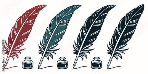 Antique Vintage Quill Feathers and Inkwells Vector Illustration Set for Writing Calligraphy Education